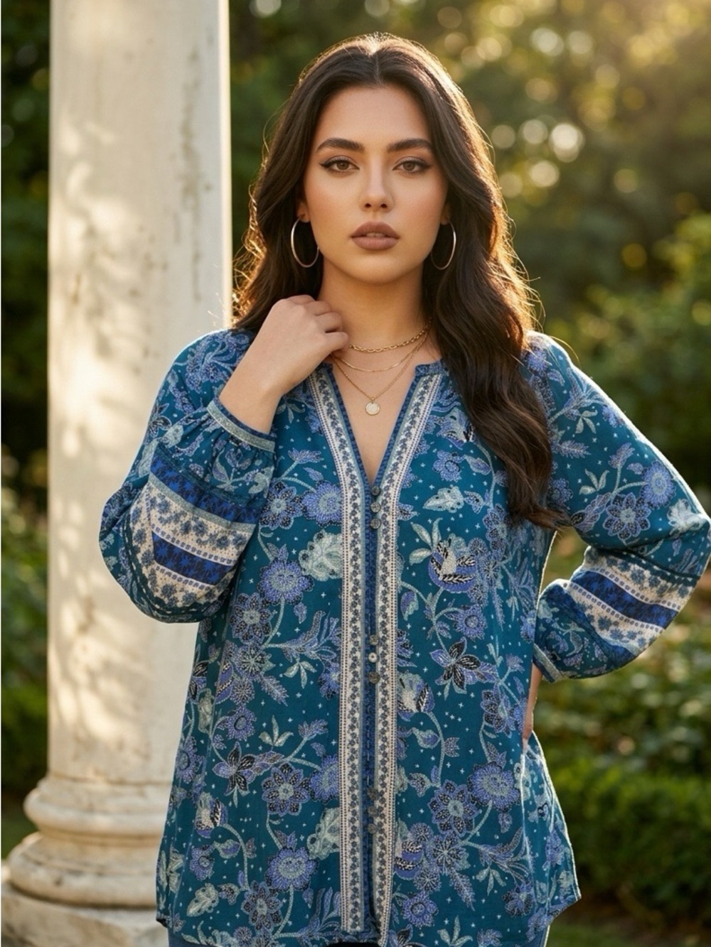 Sundance Teal Floral Peasant Blouse - Picture 2 of 6